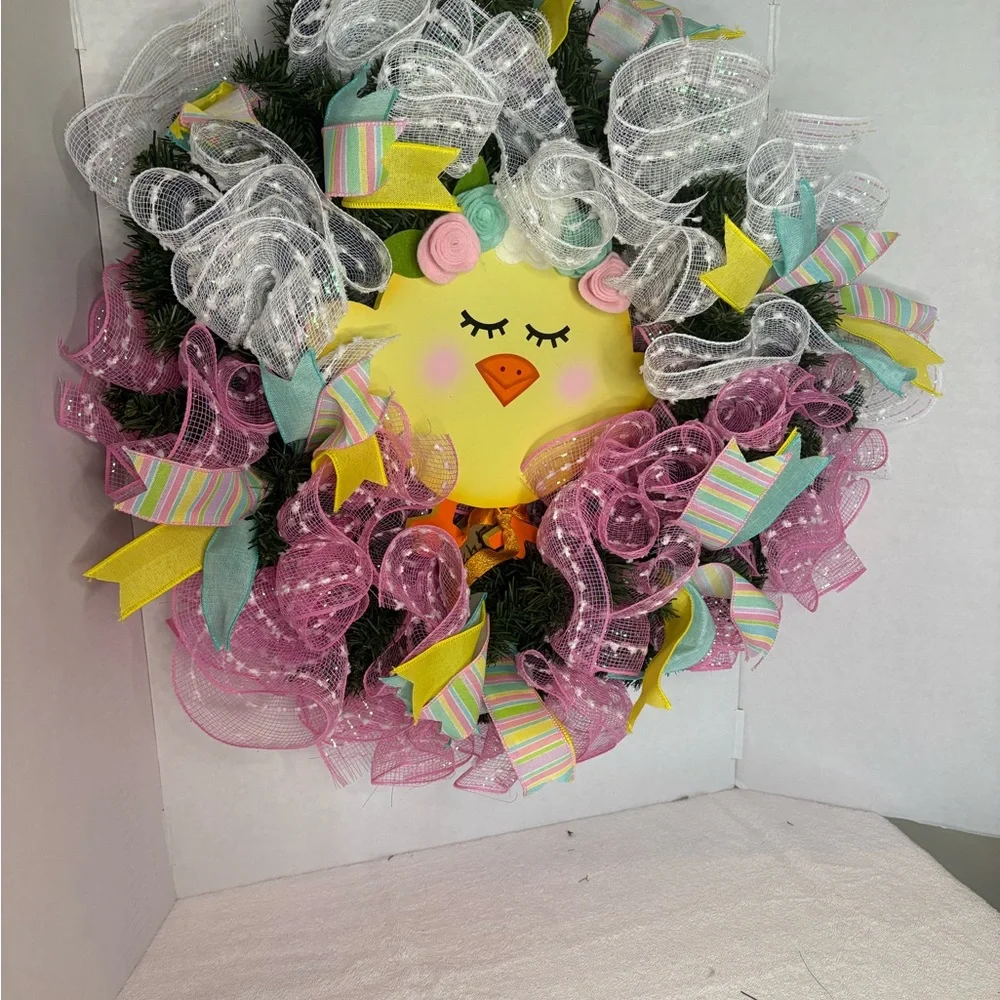 Pastel Chick Spring Wreath with Pink, Yellow & Mint Accents